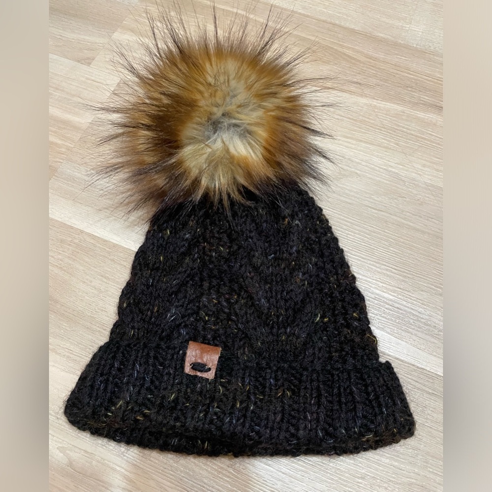 Black Brown Knit Toque with removable Faux Fur Pom.